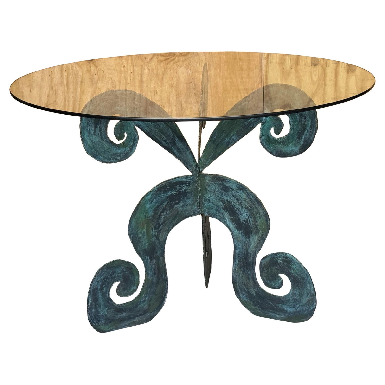 French Modern Bronze Tripartite Scroll Table with Glass Top 1980s: French Modern Bronze Tripartite Scroll Table with Glass Top 1980s This stunning French Modern bronze tripartite scroll table, crafted in the 1980s, exemplifies contemporary elegance and artistic desig