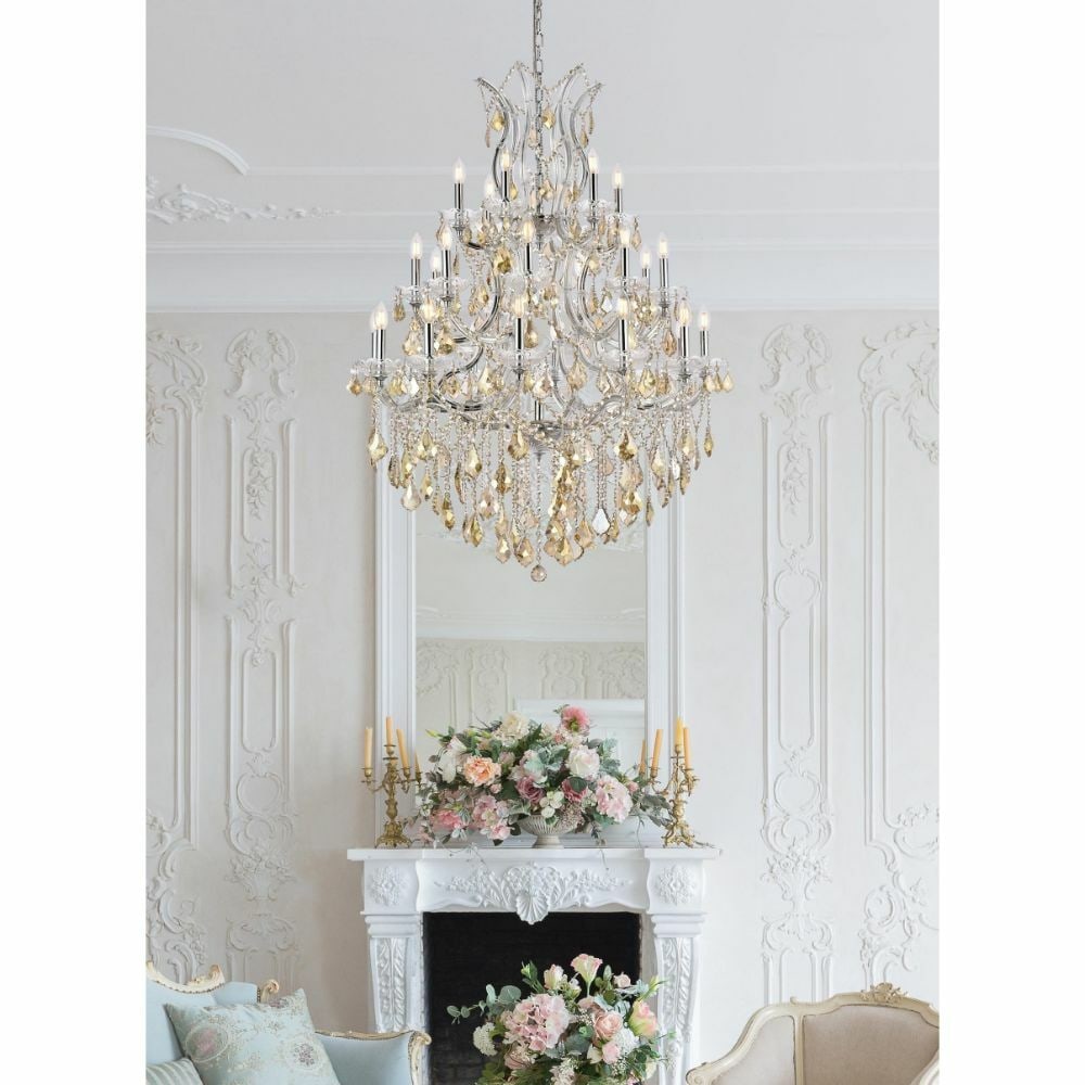 Maria Theresa 28-Light Chrome Chandelier with Golden Teak Crystals 52": Maria Theresa 28-Light Chrome Chandelier with Golden Teak Crystals 52" Illuminate your space with the stunning Maria Theresa Chandelier, featuring a luxurious design adorned with golden teak royal cut