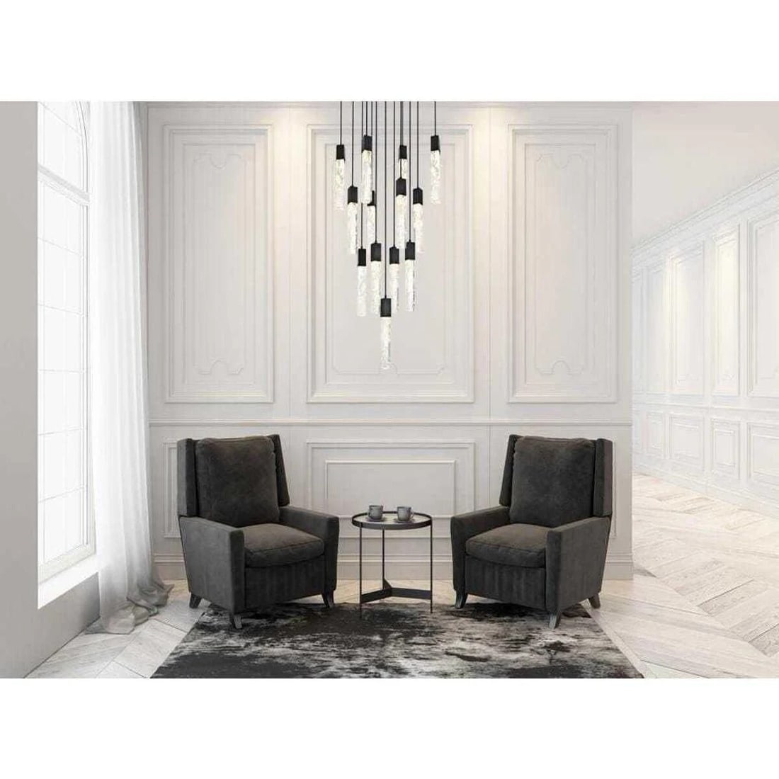 Aurora Modern Black Crystal Pendant Chandelier 26 in Adjustable Height: Aurora Modern Black Crystal Pendant Chandelier 26 in Adjustable Height Enhance your space with this stunning Crystal Chandelier Light Fixture, designed in a modern black finish. This elegant pendant l