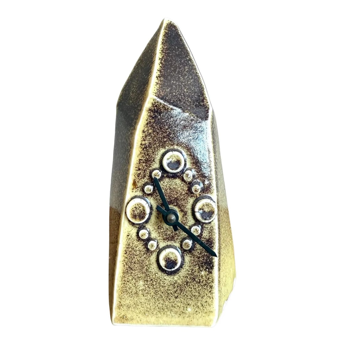 Mid-Century Boho Ceramic Clock Abstract Design Goldenrod Finish: Mid-Century Boho Ceramic Clock Abstract Design Goldenrod Finish This stunning sculptural ceramic clock exemplifies mid-century modern design, merging brutalist geometry with organic glaze work. Handcr