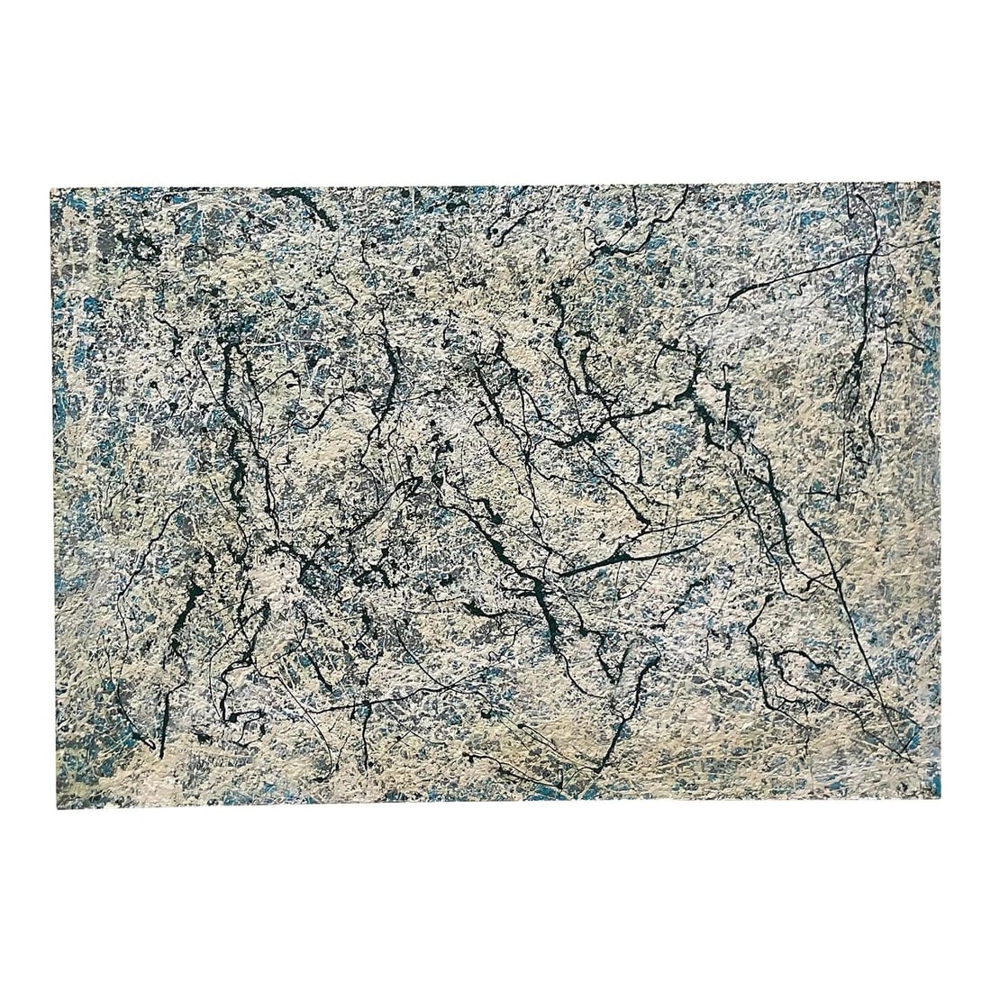 Abstract Canvas Oil Painting with Bohemian Vintage Aesthetic: Abstract Canvas Oil Painting with Bohemian Vintage Aesthetic This vintage abstract oil painting on canvas features intricate layers of cream, blue, and black paint, creating a dynamic texture and orga