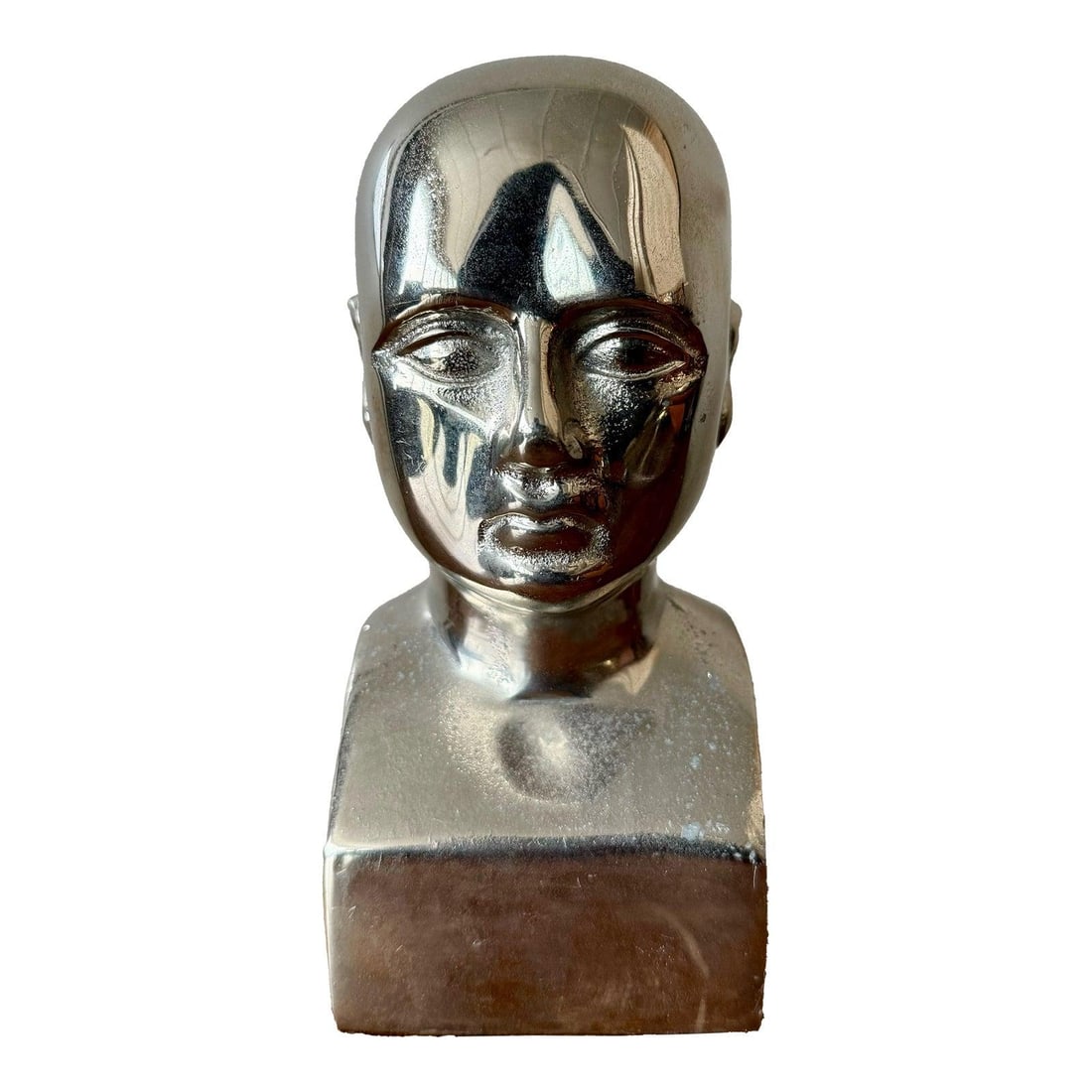Silver Metal Male Head Sculpture with Modern Abstract Design (1 of 6)