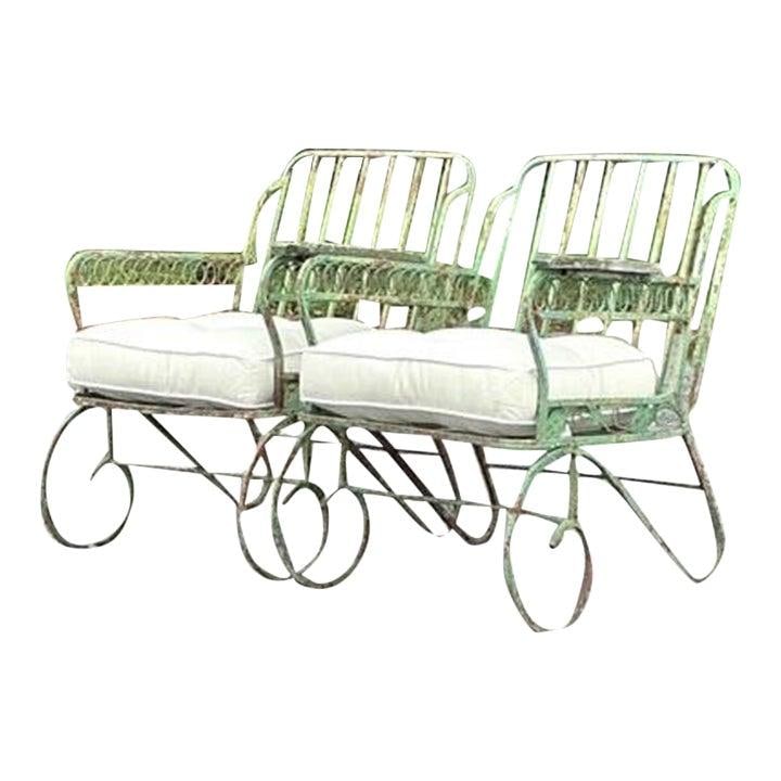 Vintage Regency Patinated Wrought Iron Lounge Chairs Pair Jade Green (1 of 10)