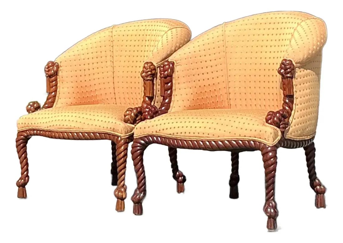 Vintage Regency Lounge Chairs Pair with Rope and Knot Details: Vintage Regency Lounge Chairs Pair with Rope and Knot Details Enhance your home with this exquisite pair of vintage Regency-style lounge chairs, combining neoclassical elegance with nautical charm. Ea