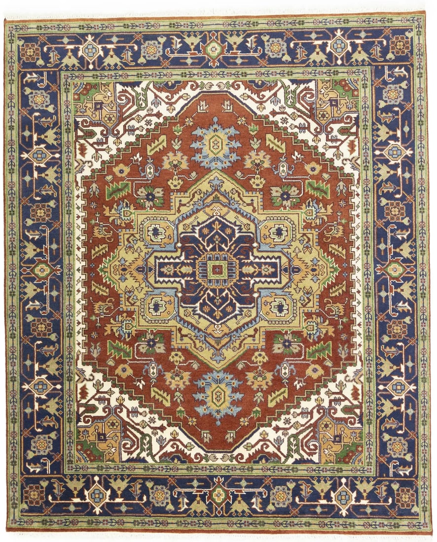 Rusty Red Heriz Serapi Hand-Knotted Area Rug 8'3 x 10'0 Farmhouse Boho Style: Rusty Red Heriz Serapi Hand-Knotted Area Rug 8'3 x 10'0 Farmhouse Boho Style Enhance your space with this stunning Rusty Red Heriz Serapi Oriental Rug, featuring a floral design that complements farmh