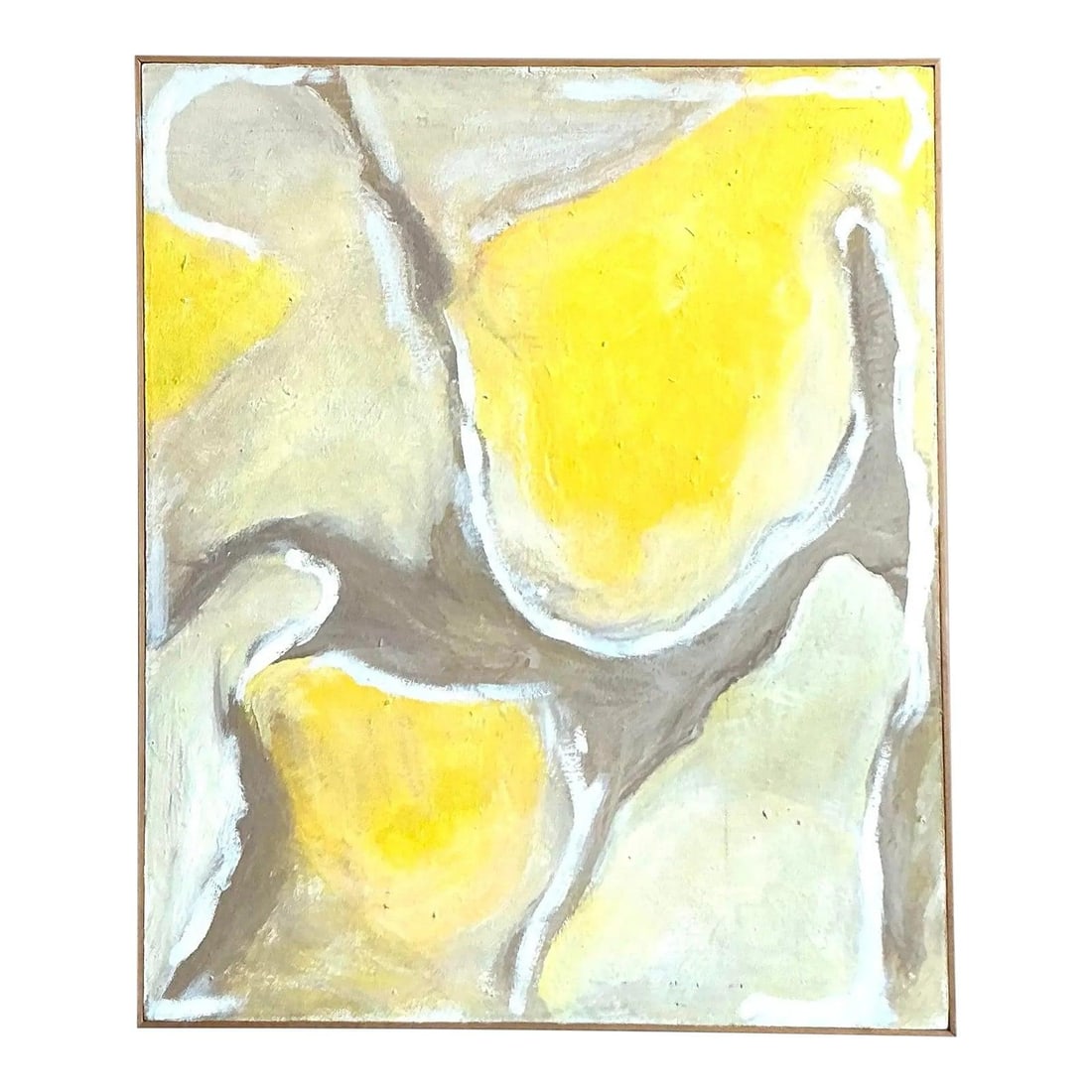 Vintage Boho Abstract Oil Painting on Canvas Signed en Verso: Vintage Boho Abstract Oil Painting on Canvas Signed en Verso This vintage abstract oil painting on canvas is infused with serene, organic energy, showcasing a sophisticated palette of sun-drenched yel