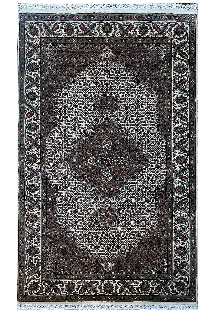 3.1 x 5.2 M. AH. I Hand-Knotted Wool and Silk Mahi Rug: 3.1 x 5.2 M. AH. I Hand-Knotted Wool and Silk Mahi Rug Free continental US Shipping Discover the luxurious 3' x 5' M. AH. I Fine Quality Wool and Silk Rug, where exceptional craftsmanship meets timele