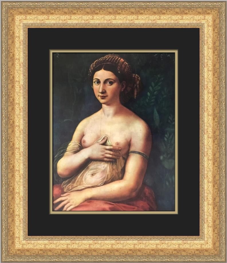 Raphael La Fornarina Custom Framed Art Print 21 x 19: Raphael La Fornarina Custom Framed Art Print 21 x 19 This stunning custom framed print showcases Raphael's iconic artwork titled 'La Fornarina,' featuring a nude figure. The print measures 12" x 10" a