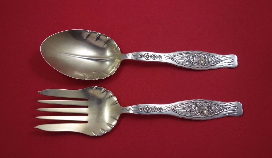 Whiting Dandelion Sterling Silver Salad Serving Set 2pc Gold Washed Fluted 9 3/4" (1 of 1)