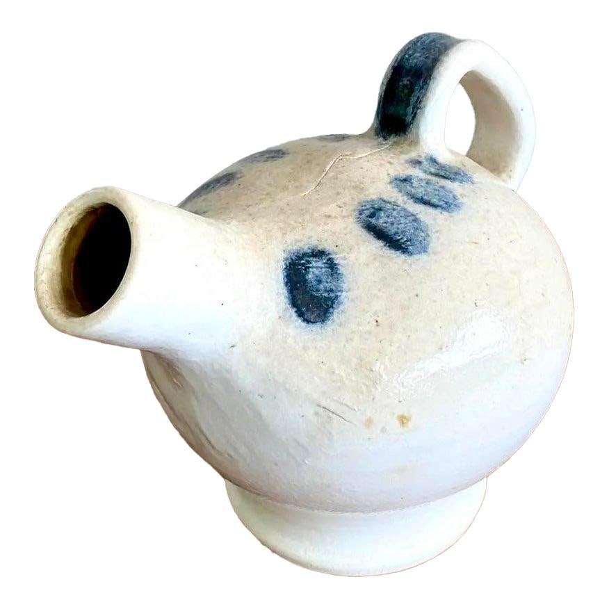Charming Boho Studio Pottery Pitcher with Blue Dot Accents (1 of 7)