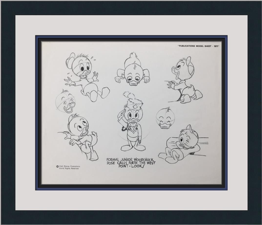 1971 Walt Disney Huey Dewey Louie Framed Model Sheet Print: 1971 Walt Disney Huey Dewey Louie Framed Model Sheet Print This original model sheet print from Walt Disney showcases the beloved characters Huey, Dewey, and Louie, created in 1971. This artwork is a