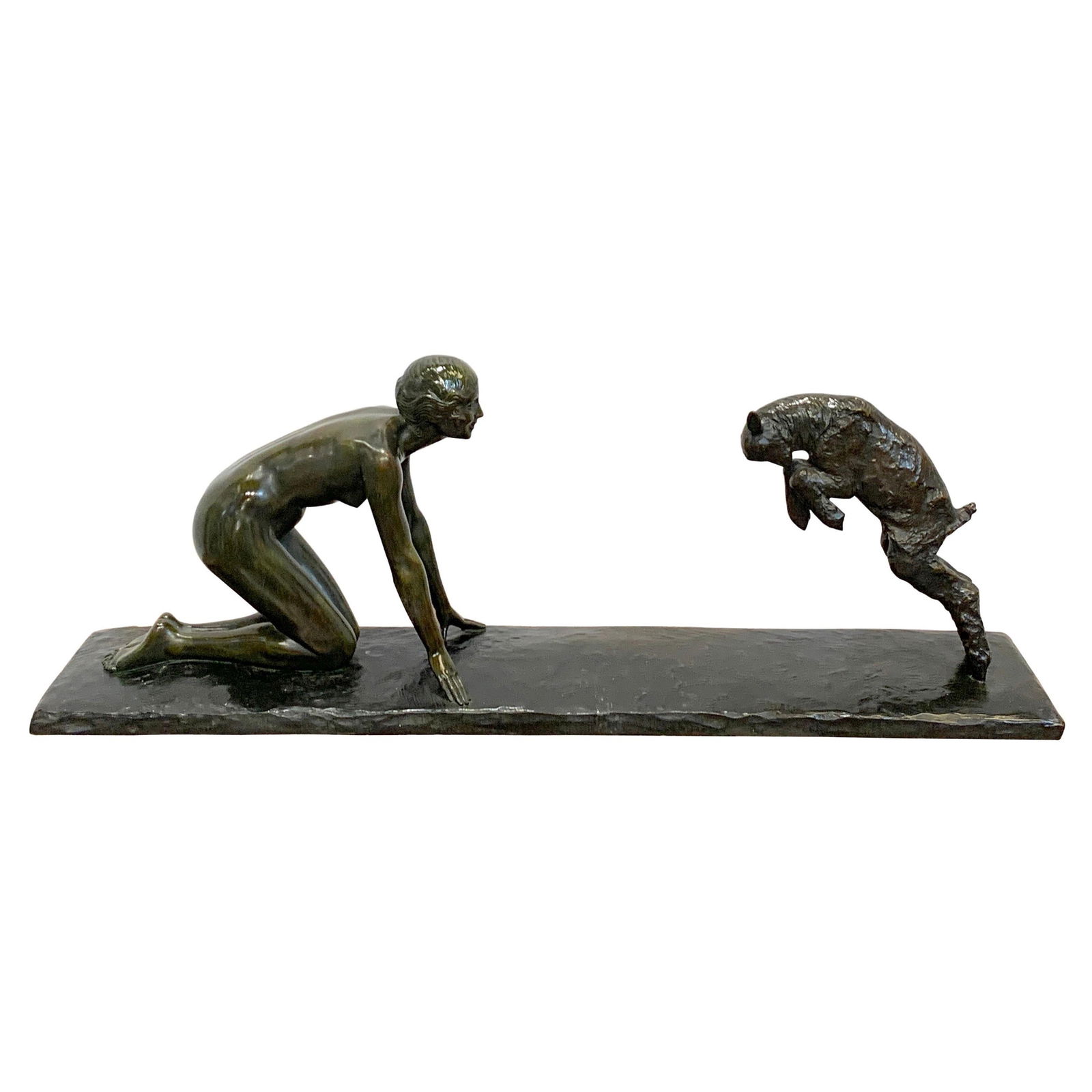 French Art Deco Bronze Sculpture 'Girl and Jumping Goat' by Paul Silvestre 1925: French Art Deco Bronze Sculpture 'Girl and Jumping Goat' by Paul Silvestre 1925 'Girl and Jumping Goat' by Paul Silvestre is a stunning Art Deco bronze sculpture, cast by Susse Freres Foundry, France,