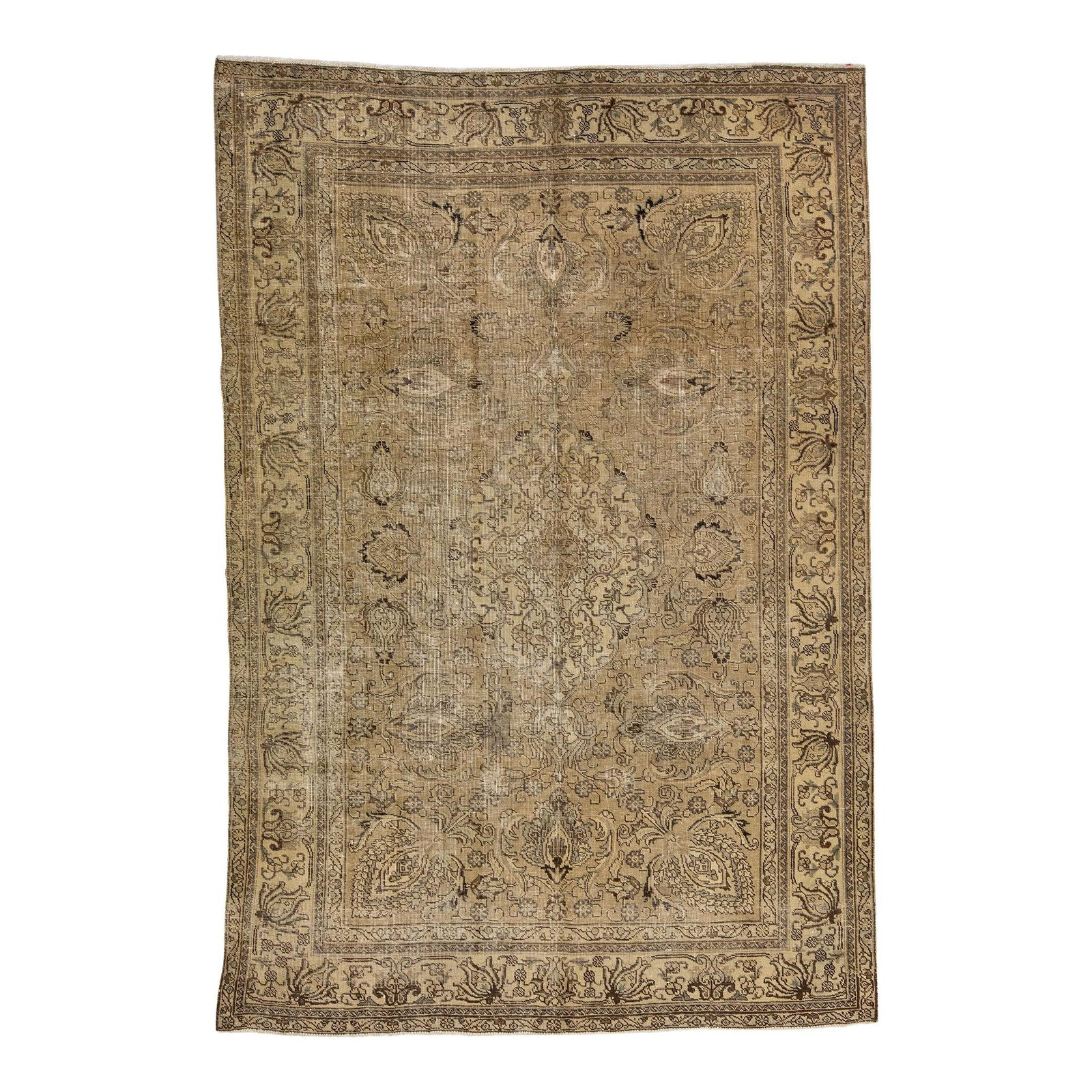 Vintage Persian Tabriz Handmade Wool Medallion Rug 6'6 x 9'8 Beige: Vintage Persian Tabriz Handmade Wool Medallion Rug 6'6 x 9'8 Beige Discover the elegance of this beautiful antique Persian Tabriz hand-knotted wool rug, featuring a stunning beige color field accented