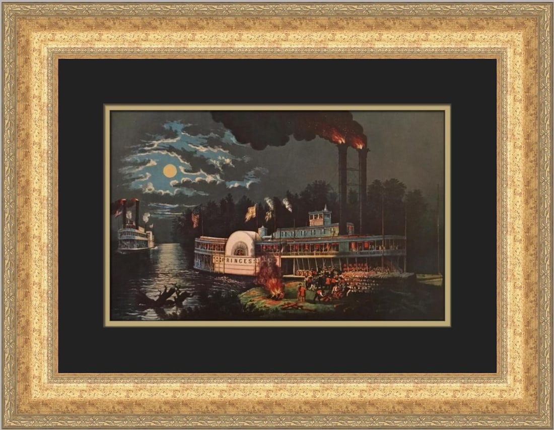 Currier & Ives Wooding Up on the Mississippi Custom Framed Print 1952 (1 of 2)