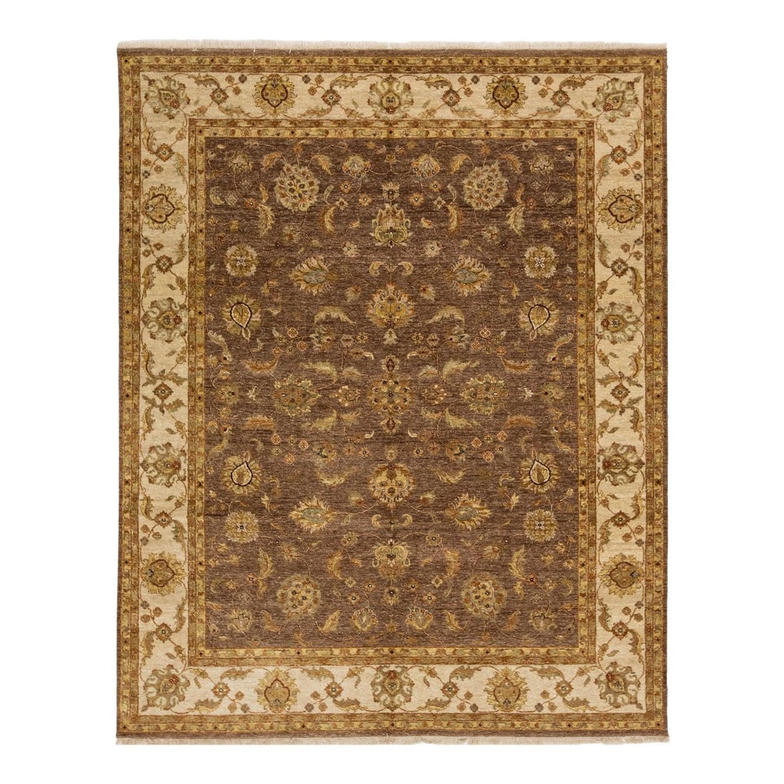 Brown Floral Design Hand Knotted Indian Wool Rug 8 x 10: Brown Floral Design Hand Knotted Indian Wool Rug 8 x 10 Enhance your living space with this exquisite handmade Indian wool rug. Featuring a rich brown field adorned with elegant floral designs in gold