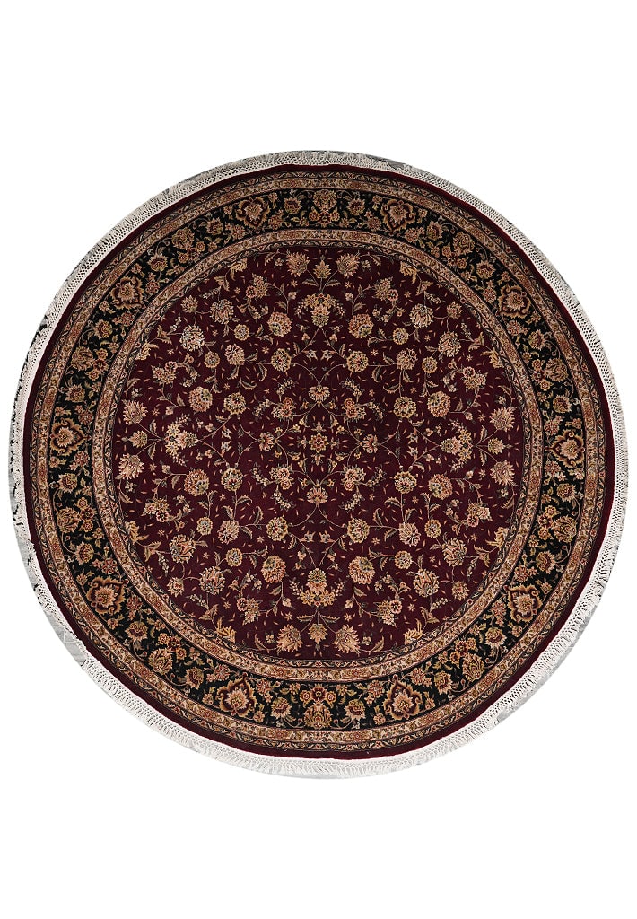 Hand-Knotted 7ft Round Wool Silk Tabriz Area Rug Ruby Red Black Green Pink: Hand-Knotted 7ft Round Wool Silk Tabriz Area Rug Ruby Red Black Green Pink Free continental US Shipping Enhance your space with this exquisite 7.0 x 7.0 round area rug, meticulously crafted from a ble