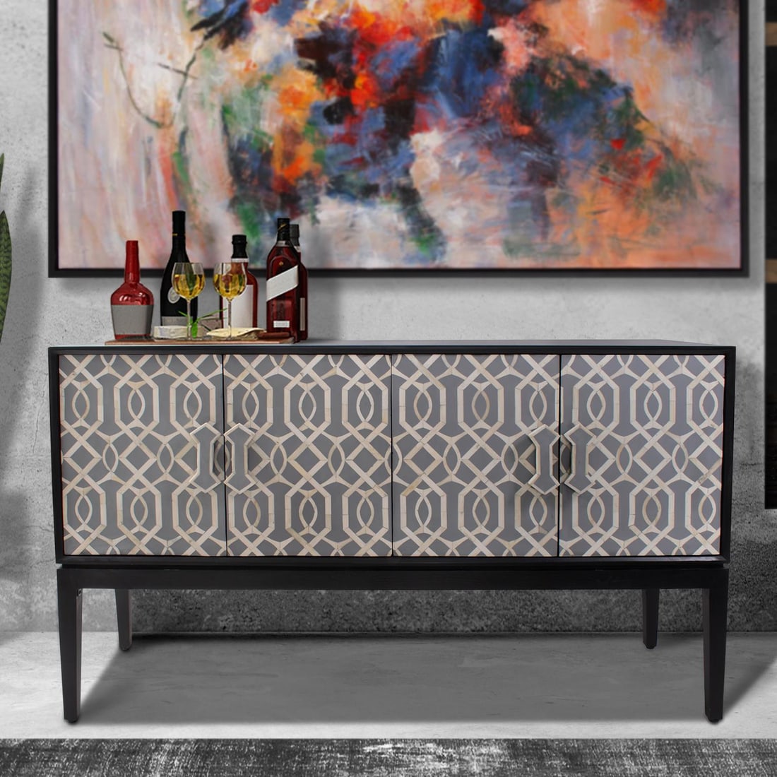 Howard Elliott Natural Bone Inlaid Rectangle Credenza 60": Howard Elliott Natural Bone Inlaid Rectangle Credenza 60" Enhance your home decor with this stylish inlaid bone credenza, crafted by Howard Elliott. This beautifully designed piece features a natural