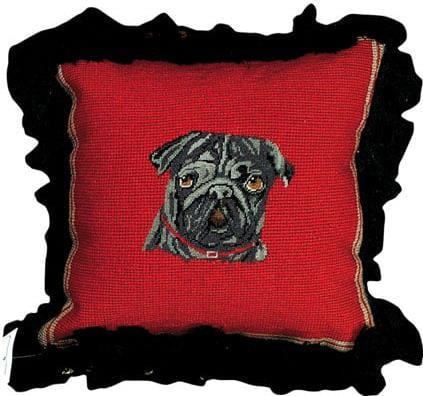 Hand-Made Needlepoint Pug Pillow 12x12 Cotton Velvet (1 of 1)