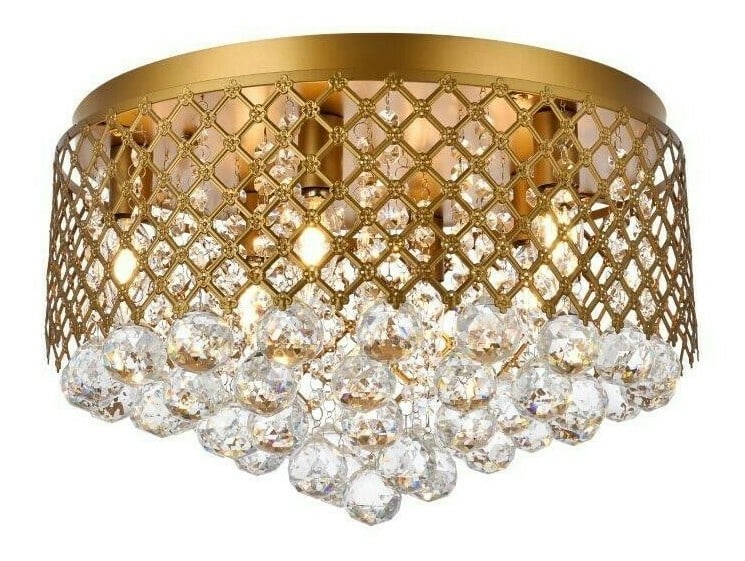 Elegant Tully 6-Light Brass Flush Mount Chandelier with Crystal Accents: Elegant Tully 6-Light Brass Flush Mount Chandelier with Crystal Accents Illuminate your space with this elegant flush mount chandelier, featuring a stunning brass finish and royal cut clear crystal ac