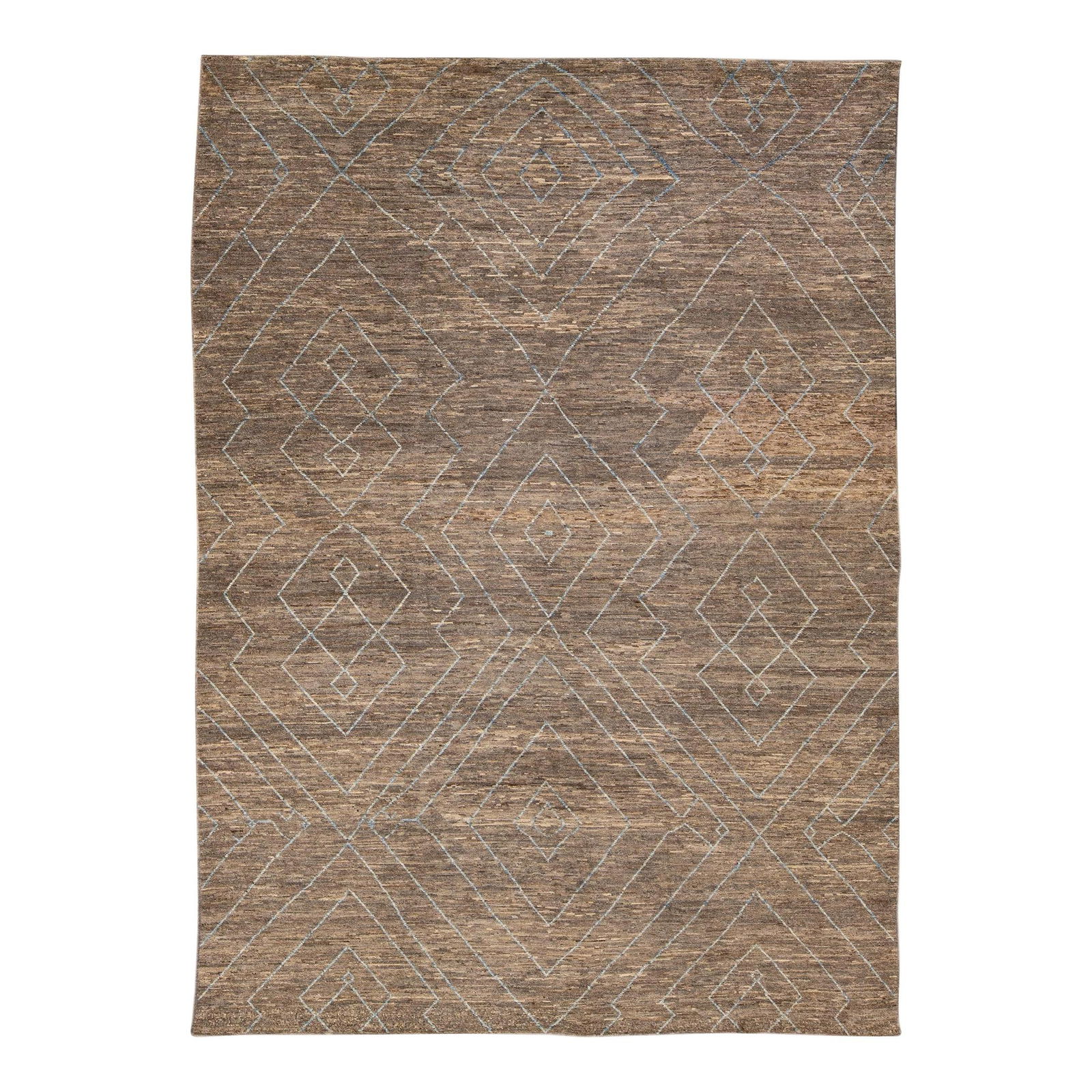 Modern Moroccan Handmade Wool Rug 9'11 x 13'11 Geometric Brown Design: Modern Moroccan Handmade Wool Rug 9'11 x 13'11 Geometric Brown Design Enhance your living space with this stunning Modern Moroccan Style Handmade Wool Rug. The rug showcases a rich brown field adorned