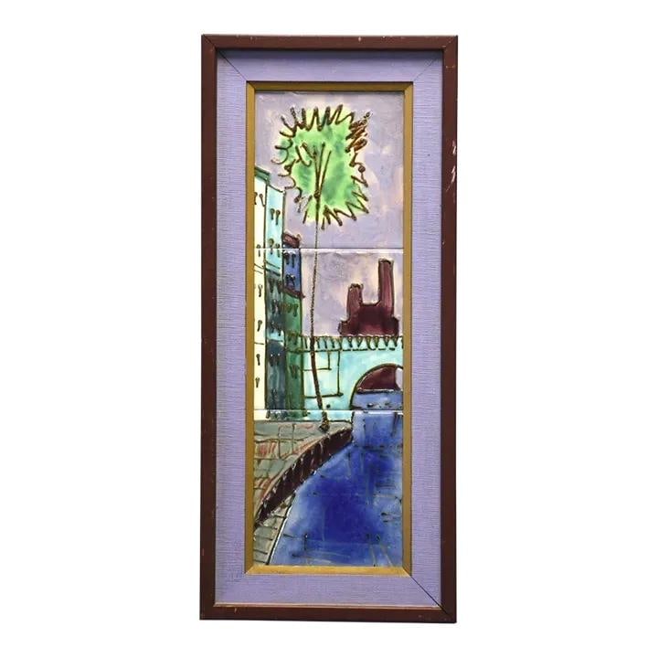 Mid-Century Framed Textile Wall Art 3 Tiles Purple (1 of 3)