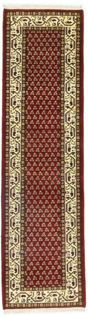 Hand-Knotted Wool Runner Rug 2'5 x 8'9 Tribal Floral Pattern from India: Hand-Knotted Wool Runner Rug 2'5 x 8'9 Tribal Floral Pattern from India This hand-knotted Indo-Botemir oriental runner rug features a vibrant tribal floral design in shades of red, cream, brown, rusty