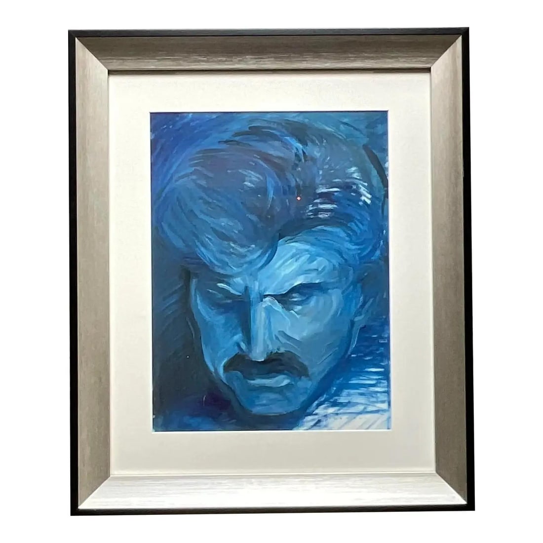 Signed Fauvist Oil Painting on Paper with Bold Blue Brushwork: Signed Fauvist Oil Painting on Paper with Bold Blue Brushwork This vintage original Fauvist oil painting on paper features vibrant blue tones and expressive brushwork, capturing a thoughtful, introspe