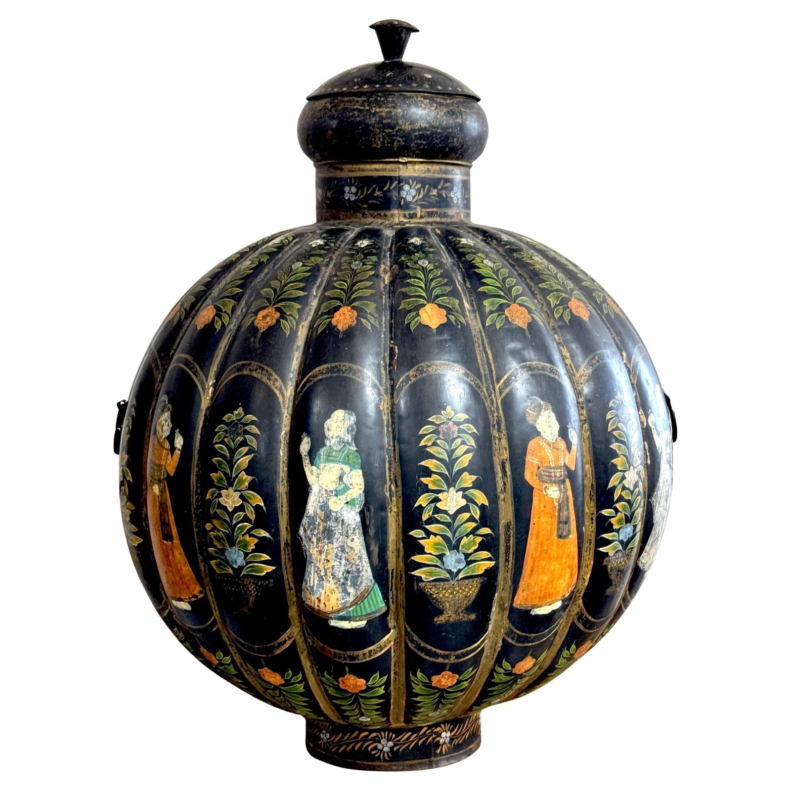 Monumental 1960s Anglo-Indian Polychromed Tole Urn from Rajasthan: Monumental 1960s Anglo-Indian Polychromed Tole Urn from Rajasthan Presenting a monumental Anglo-Indian polychromed tole urn from Rajasthan, crafted in India during the 1960s. This exquisite decorative
