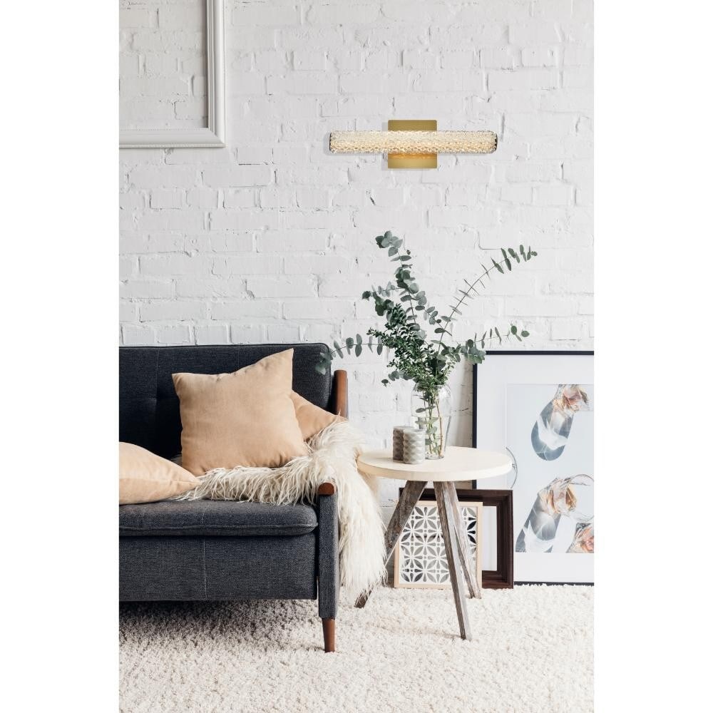 Bowen 18in Satin Gold Crystal Wall Sconce LED Light Fixture: Bowen 18in Satin Gold Crystal Wall Sconce LED Light Fixture Enhance your living space with the elegant Bowen 18-inch LED Wall Sconce, featuring a modern satin gold finish. This exquisite light fixture