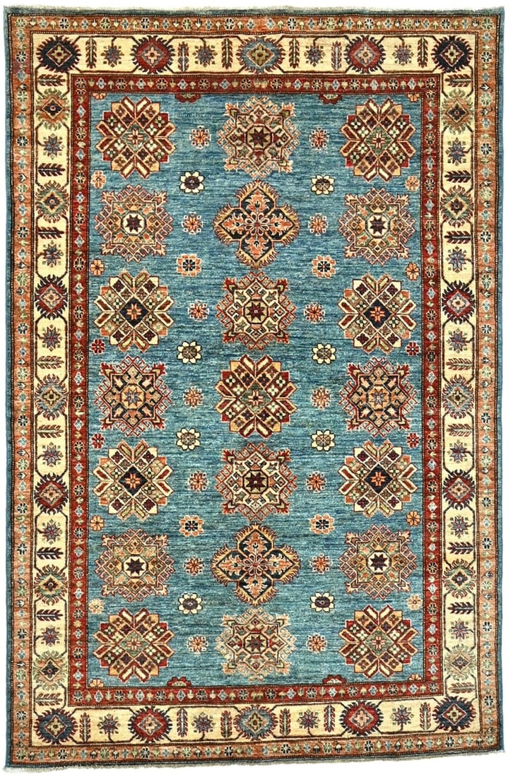 Hand-Knotted Tribal Geometric Kazak Area Rug 4'11 x 7'1 Blue Wool: Hand-Knotted Tribal Geometric Kazak Area Rug 4'11 x 7'1 Blue Wool Enhance your living space with this Tribal Geometric Kazak Area Rug, a perfect blend of style and functionality. Measuring 4'11" x 7'1