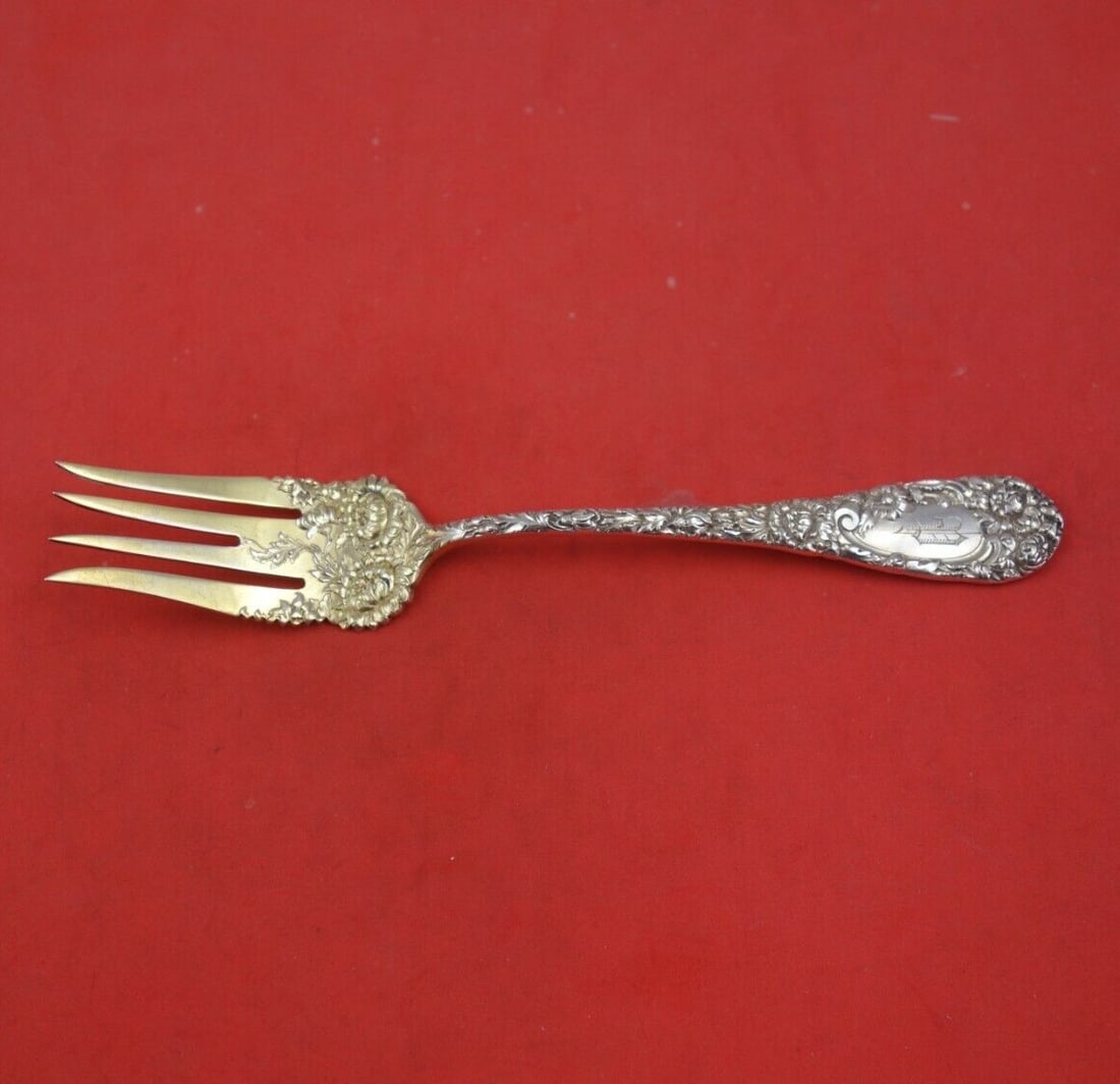 Durgin Chrysanthemum Sterling Silver Gold Washed Fish Fork 7 3/8 Inch (1 of 2)