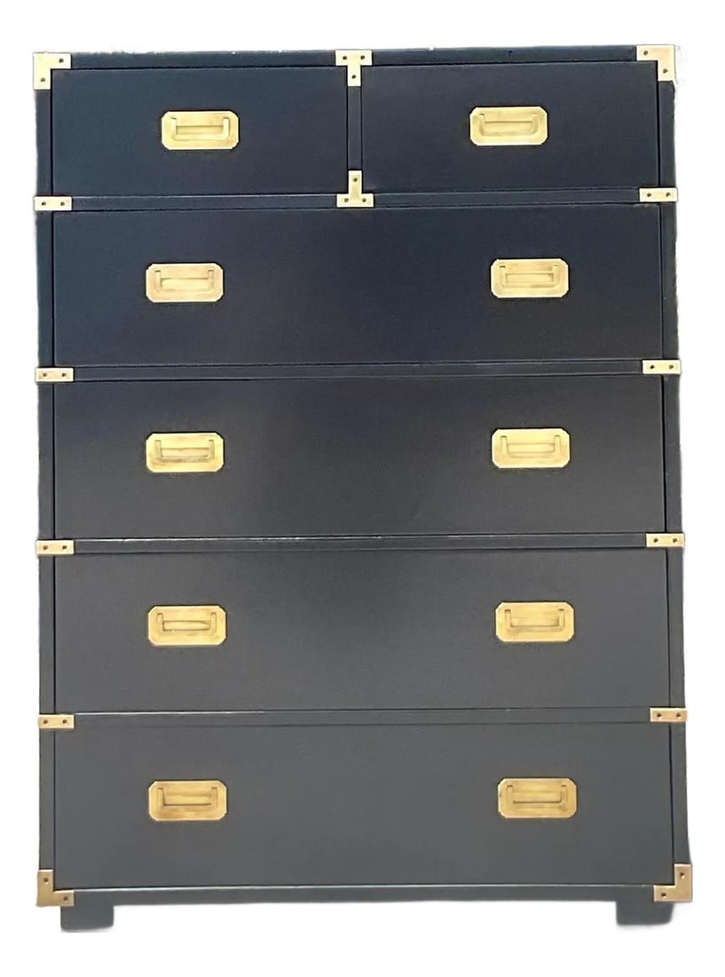 Henredon Vintage Boho Campaign Tall Chest of Drawers Black Brass Accents (1 of 10)