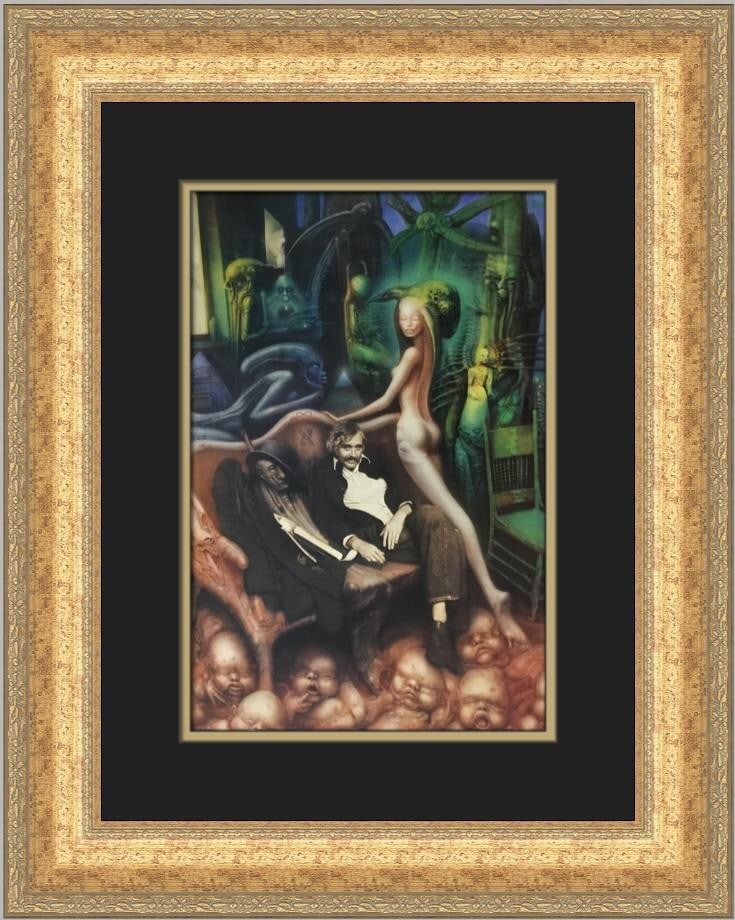 H.R. Giger Friedrich Kuhn II Custom Framed Fantasy Print 1992: H.R. Giger Friedrich Kuhn II Custom Framed Fantasy Print 1992 This stunning custom framed print titled "Friedrich Kuhn II" by renowned artist H.R. Giger showcases a captivating nude figure, embodying