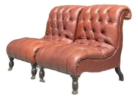 Vintage Boho Tufted Leather Slipper Chairs After George Smith - Set of 2: Vintage Boho Tufted Leather Slipper Chairs After George Smith - Set of 2 Experience the timeless elegance of this exceptional pair of Vintage Boho Tufted Leather Slipper Chairs, designed in the celebr