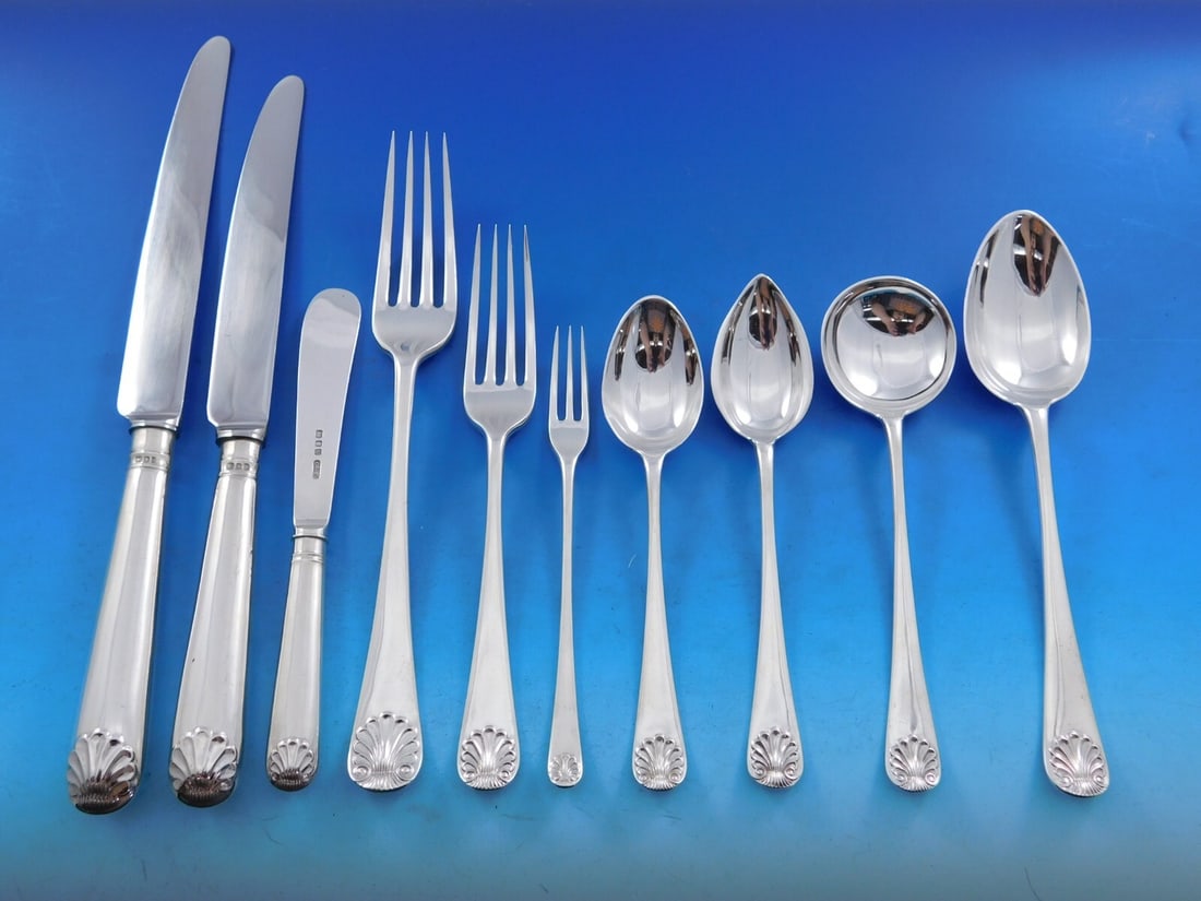 C.W. Fletcher & Son English Shell Sterling Silver Flatware Set 132 Pieces (1 of 8)