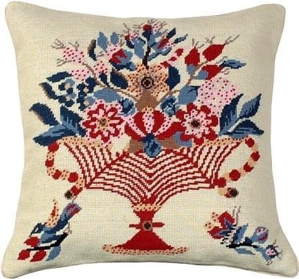 Williamsburg Pillow Blue Bird Red Vase Design 18x18: Williamsburg Pillow Blue Bird Red Vase Design 18x18 Enhance your home decor with this vintage style pillow featuring a charming design of a blue bird and a red vase. Crafted with high-quality material
