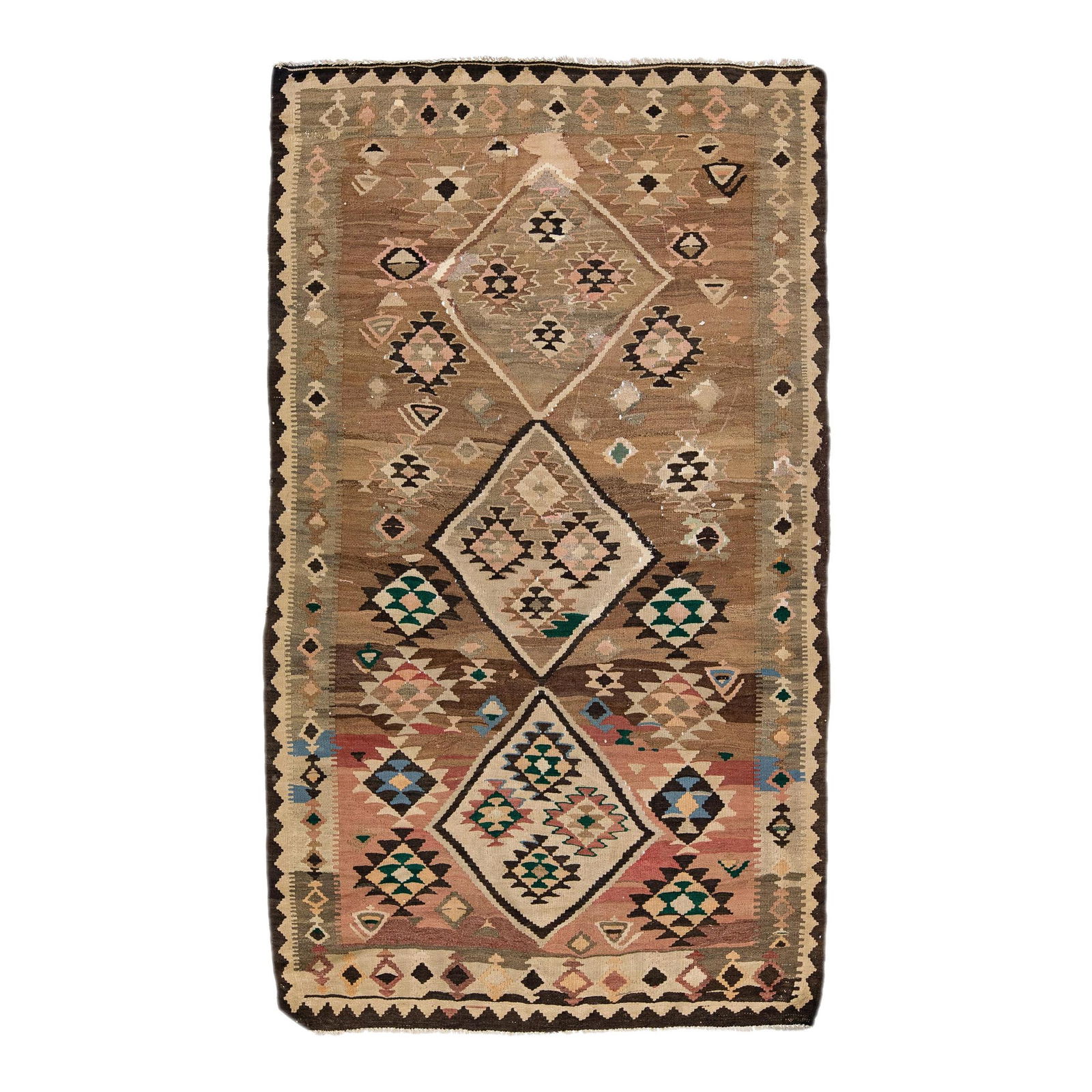 1960s Handmade Turkish Kilim Wool Rug Beige Tribal Design 5'0 x 8'4: 1960s Handmade Turkish Kilim Wool Rug Beige Tribal Design 5'0 x 8'4 This exquisite vintage Turkish Kilim rug showcases a beautiful hand-knotted wool construction with a soft beige field. Framed in ric