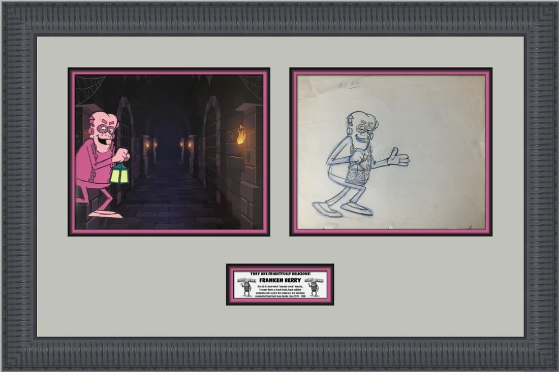 Franken Berry Production Cel Custom Framed 1980 General Mills Animation Art: Franken Berry Production Cel Custom Framed 1980 General Mills Animation Art This stunning production cel features the iconic character Franken Berry from the beloved General Mills Monster Cereals fran