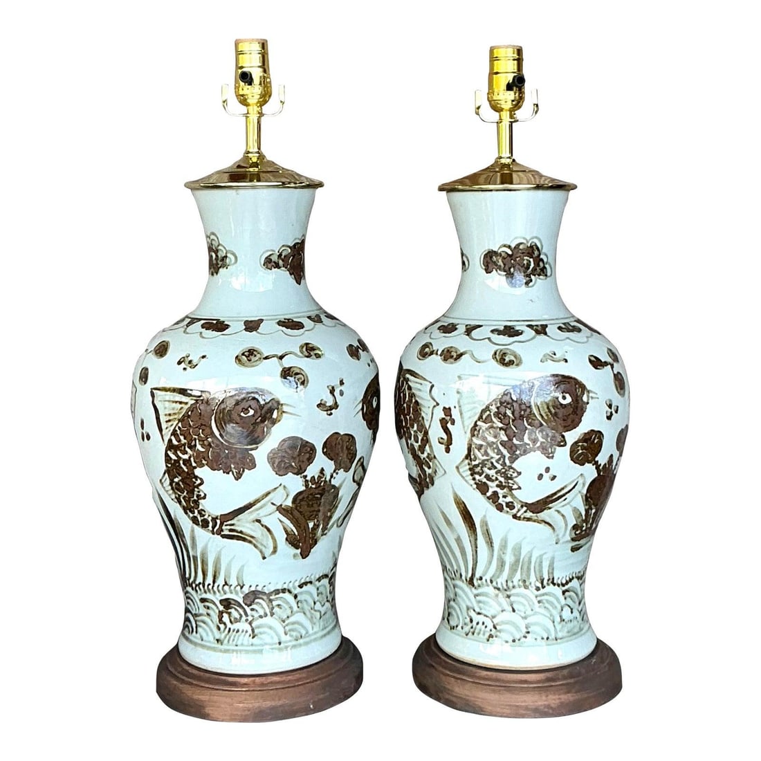 Vintage Boho Hand Painted Koi Lamps Pair with Brass Hardware (1 of 7)