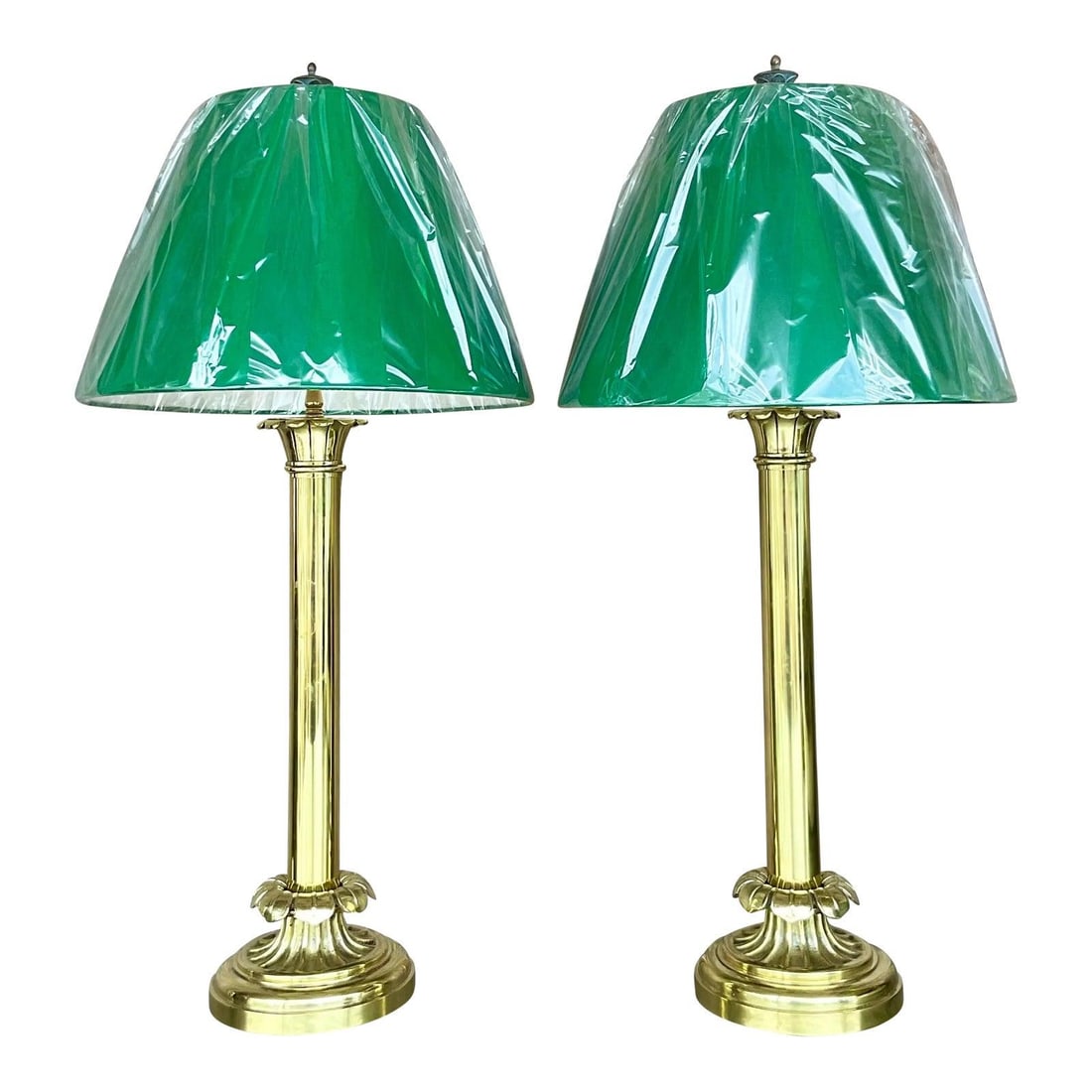 Vintage Regency Brass Candlestick Lamps with Green Shades Pair (1 of 6)