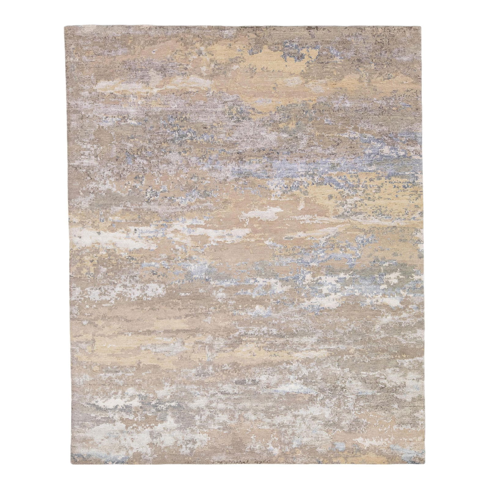 Beige Abstract Motif Wool Silk Rug 8' x 10' Modern Design: Beige Abstract Motif Wool Silk Rug 8' x 10' Modern Design Elevate your living space with this exquisite modern rug crafted from a blend of wool and silk. The rug showcases a beige-tan field beautifull