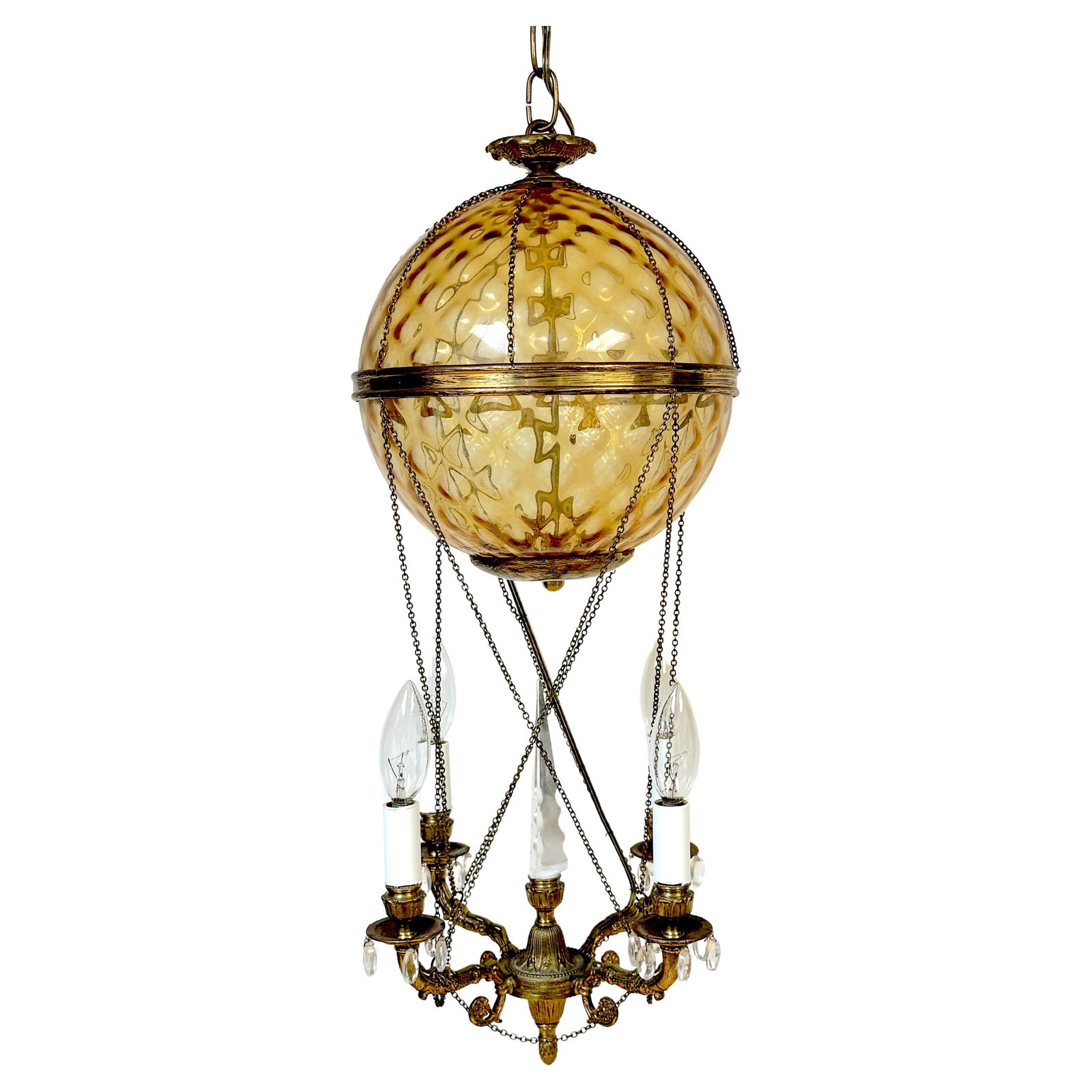 1960s French Citrine Crystal Four Light Chandelier Maison Bagues Style: 1960s French Citrine Crystal Four Light Chandelier Maison Bagues Style This stunning French Citrine Crystal Balloon Four-Light Chandelier, inspired by the style of Maison Bagues and crafted in the 196