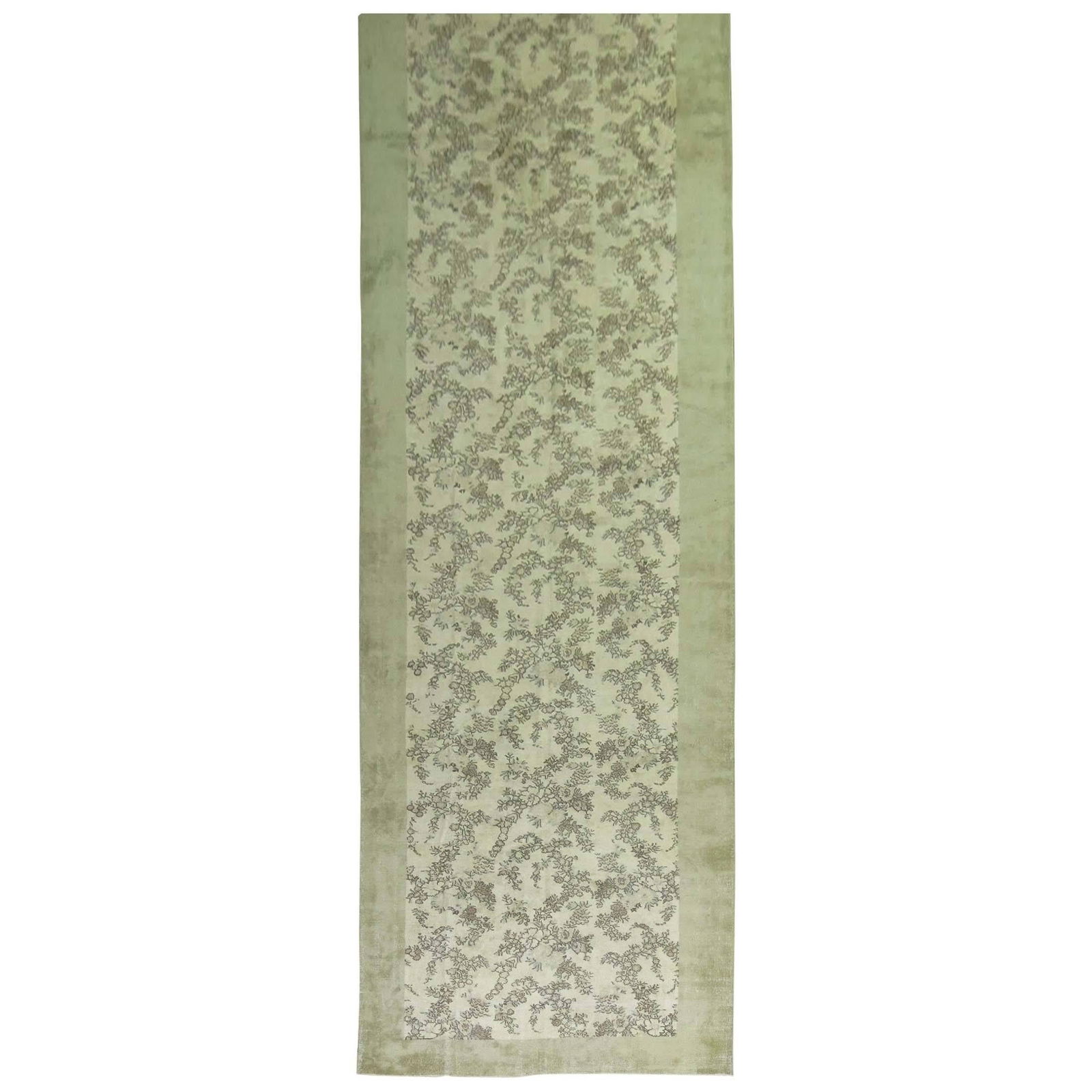 Rare Vintage Turkish Floral Corridor Rug Wool 1930s 74x303 in: Rare Vintage Turkish Floral Corridor Rug Wool 1930s 74x303 in This vintage Turkish corridor rug is a stunning example of 20th-century craftsmanship, featuring a romantic floral design in soft green an