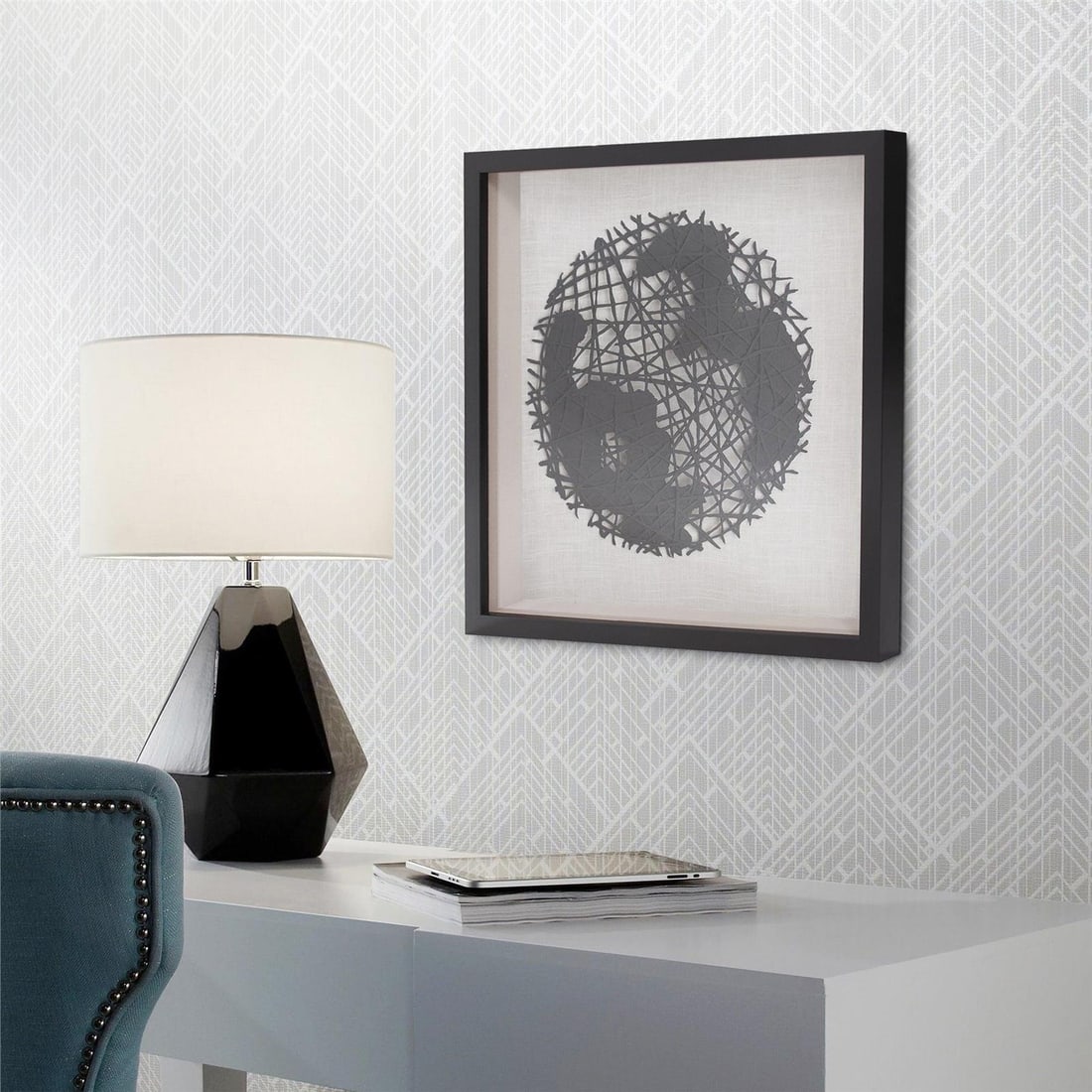 Howard Elliott Contemporary Globe Art Wood Frame 23.75x23.75: Howard Elliott Contemporary Globe Art Wood Frame 23.75x23.75 This contemporary globe art piece features a striking black matte neutral finish, elegantly framed in wood. The artwork is square in shape