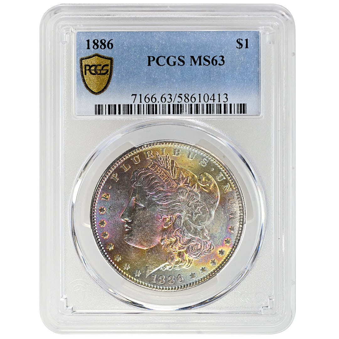 1886 Morgan Dollar $1 PCGS MS63 Stunning Aqua-Blue Toning Rare Coin: 1886 Morgan Dollar $1 PCGS MS63 Stunning Aqua-Blue Toning Rare Coin This stunning 1886 $1 Morgan Dollar showcases exceptional toning in aqua-blue, green, gold, and blush hues. Certified by PCGS with a