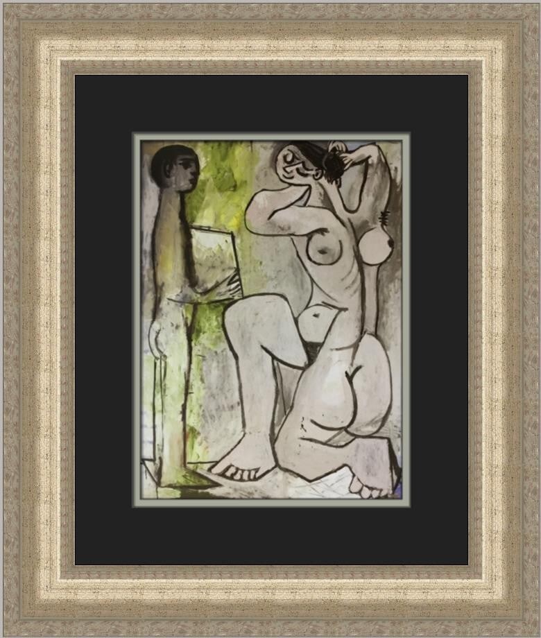 Pablo Picasso The Toilette Custom Framed Print 19x17 Silver Antique Frame: Pablo Picasso The Toilette Custom Framed Print 19x17 Silver Antique Frame This captivating custom framed print of "The Toilette" by Pablo Picasso showcases a nude figure in a unique blend of Abstract