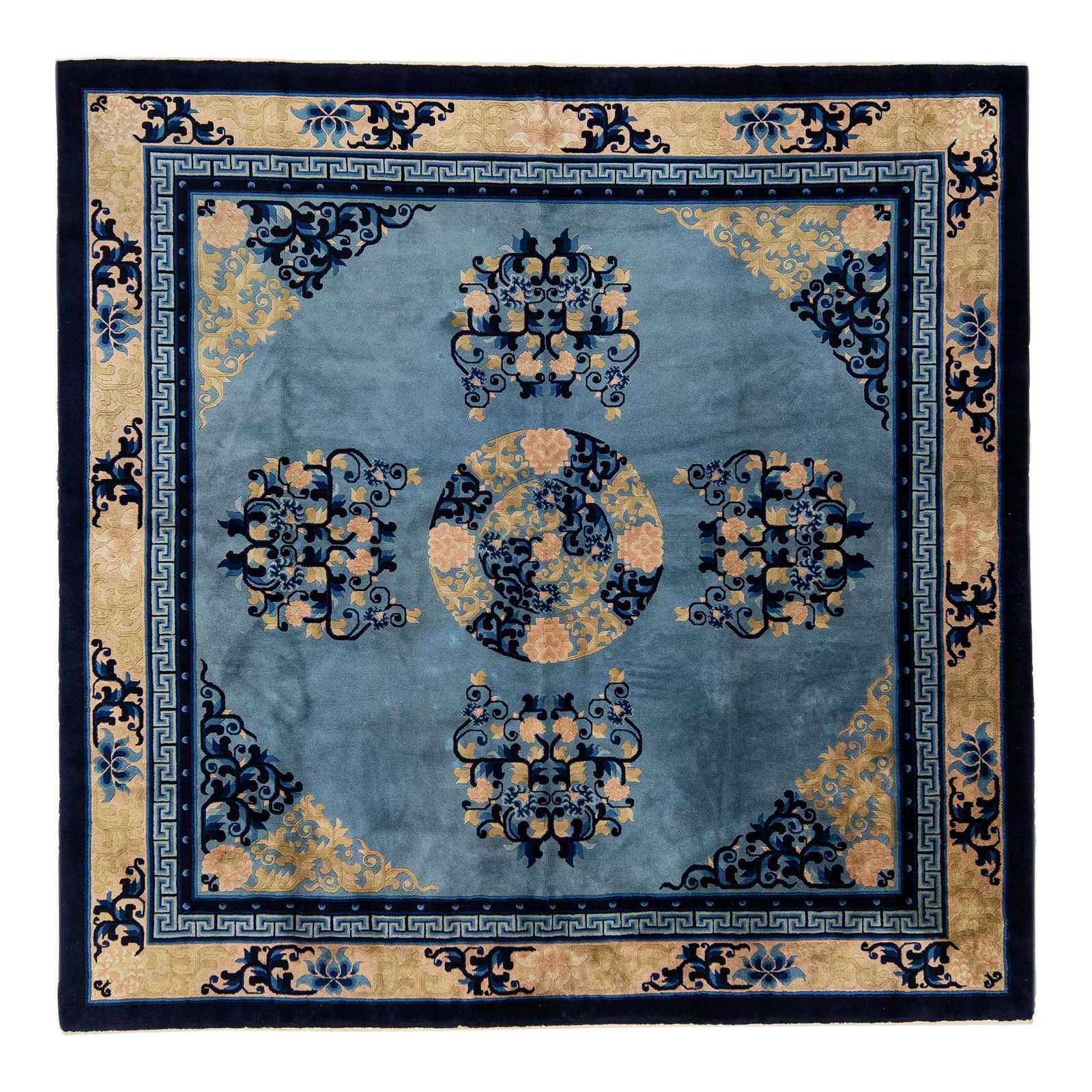 1920s Antique Chinese Peking Square Wool Rug Blue Floral Design: 1920s Antique Chinese Peking Square Wool Rug Blue Floral Design This exquisite 1920s handmade antique Chinese Peking square wool rug features a stunning blue field adorned with a decorative frame and