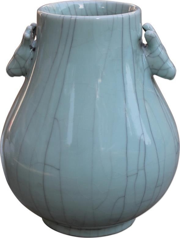 Handmade Celadon Ceramic Double Ear Vase 13.5H Asian Antique Style (1 of 2)