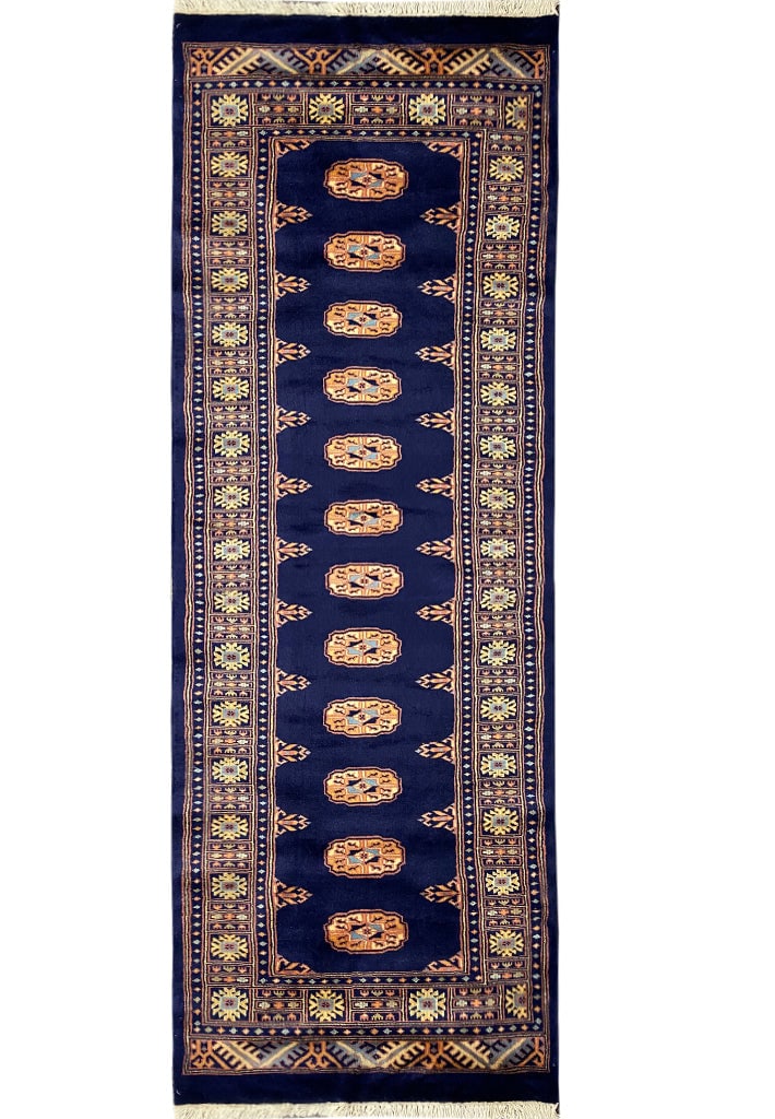 Handmade Bokhara 8' Navy Blue Runner Rug: Handmade Bokhara 8' Navy Blue Runner Rug Free continental US Shipping Enhance your space with this exquisite 8-foot handmade Bokhara runner in a striking navy blue color. Crafted with care, this rug f