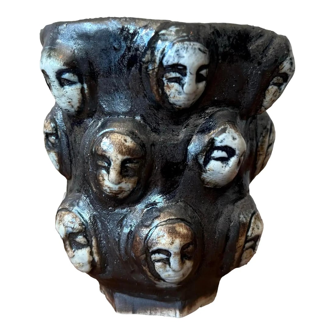 Sculptural Ceramic Art Vessel Featuring Brutalist Style Mask Faces (1 of 5)